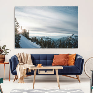 55564749-MGV-CV-36X24-Snowy Mountains Wall Art Canvas Print, Framed Alpine Landscape Art Picture Print, Frosty Peaks Perfect Nordic Minimalist Decor