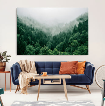 45265379-MGV-CV-36X24-Misty Forest Wall Art – Green Mountain Pine Tree Landscape Canvas Print, Nature Photography Artwork Home Decor for Bedroom, Living