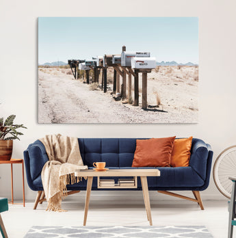 54616109-MGV-CV-36X24-Desert Mailboxes Wall Art – Rustic Rural Roadside Photography Canvas Print, American Southwest Landscape Home Decor for Living