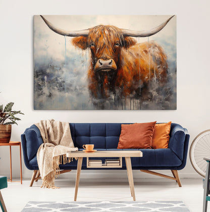 X61001-MGV-CV-36X24-Scottish Highland Wall Art Canvas Print, Framed Longhorn Art Picture Print, Western Cow Perfect Farmhouse Decor Artwork