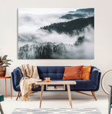 67569654-MGV-CV-36X24-Foggy Forest Wall Art – Mist Covered Hills and Trees Landscape Canvas Print, Moody Nature Photography Decor for Living Room,