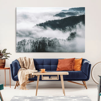 67569654-MGV-CV-36X24-Foggy Forest Wall Art – Mist Covered Hills and Trees Landscape Canvas Print, Moody Nature Photography Decor for Living Room,