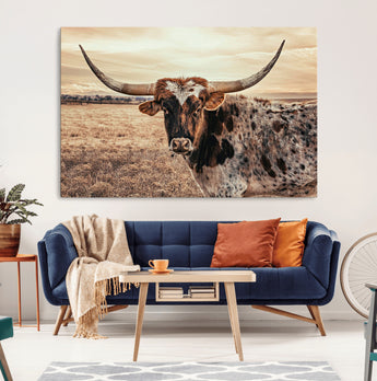 95745718-MGV-CV-36X24-Texas Longhorn Wall Art – Western Cattle Photography Canvas Print, Rustic Ranch Animal Artwork Country Farmhouse Decor for Living