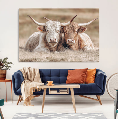 38651722-MGV-CV-36X24-Cow Wall Art – Rustic Longhorn Pair Canvas Print, Western Farmhouse Animal Painting, Country Ranch Decor for Living Room, Bedroom,