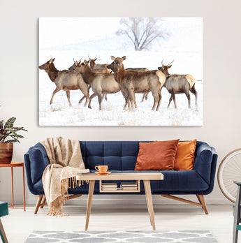 41416314-MGV-CV-36X24-Elk Wall Art – Wildlife Herd Canvas Print in Snowy Landscape, Rustic Nature Painting, Western Cabin Lodge Decor for Living Room,