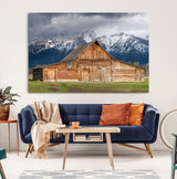 15173627-MGV-CV-36X24-Barn Wall Art – Rustic Wooden Cabin Canvas Print with Snowy Mountain Landscape, Western Farmhouse Country Decor for Living Room,