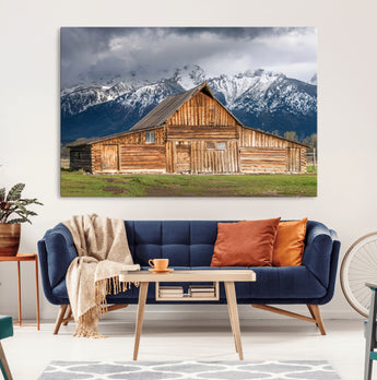 15173627-MGV-CV-36X24-Barn Wall Art – Rustic Wooden Cabin Canvas Print with Snowy Mountain Landscape, Western Farmhouse Country Decor for Living Room,