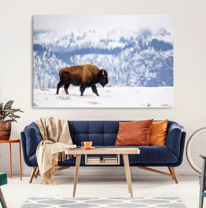 21623194-MGV-CV-36X24-Snow Bison Wall Art – Majestic Buffalo Wildlife Canvas Print, Winter Nature Décor for Rustic Living Room, Farmhouse, Cabin, Lodge