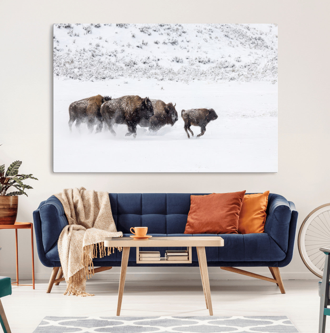 61161423-MGV-CV-36X24-Running Bison Herd Wall Art – Winter Buffalo Canvas Print, Wildlife Photography Decor for Rustic Living Room, Farmhouse, Lodge,