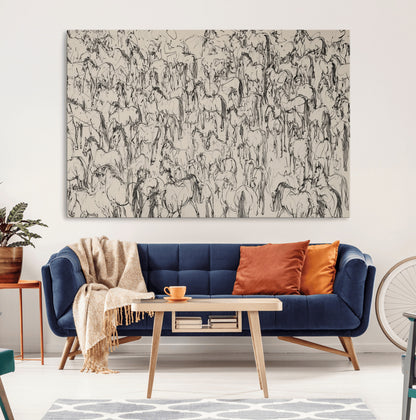12358908-MGV-CV-36X24-Horse Herd Sketch Wall Art – Abstract Wild Horses Line Drawing Canvas Print, Rustic Western Style Equestrian Decor for Living