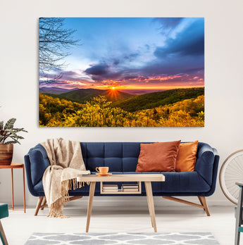 25786346-MGV-CV-36X24-Sunset Over Mountains Wall Art – Nature Landscape Canvas Print, Golden Hour Forest Photography, Scenic Sunrise Artwork for Living
