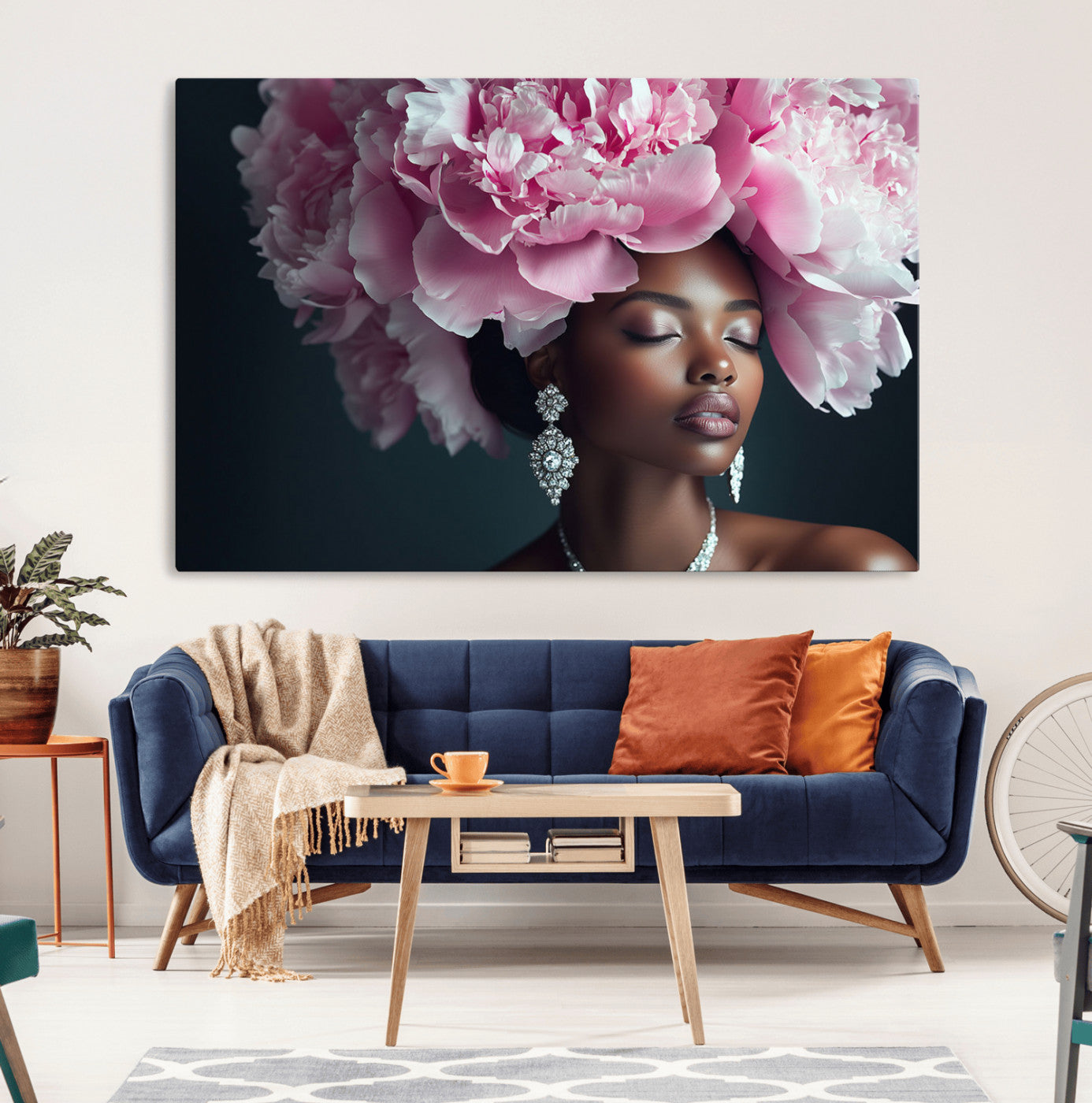 35482880-MGV-CV-36X24-Floral Portrait Wall Art – Elegant Woman with Pink Peony Headpiece Canvas Print, Luxury Fashion Inspired Artwork, Modern Glam