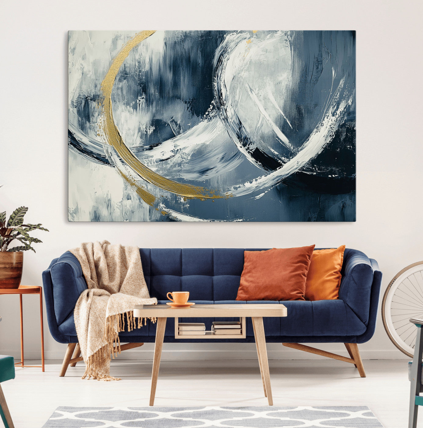 97295757-MGV-CV-36X24-Abstract Blue and Gold Wall Art – Modern Luxury Canvas Print, Navy White Brushstroke Painting, Contemporary Living Room Office