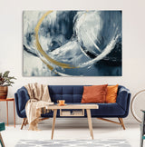 97295757-MGV-CV-36X24-Abstract Blue and Gold Wall Art – Modern Luxury Canvas Print, Navy White Brushstroke Painting, Contemporary Living Room Office