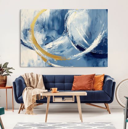 42475677-MGV-CV-36X24-Blue and Gold Abstract Wall Art – Modern Luxury Canvas Print, Navy White Brushstroke Painting, Contemporary Home Office Living