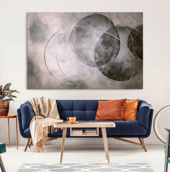20066876-MGV-CV-36X24-Neutral Abstract Circle Wall Art – Modern Gray Beige Gold Canvas Print, Minimalist Geometric Painting for Bedroom, Living Room,