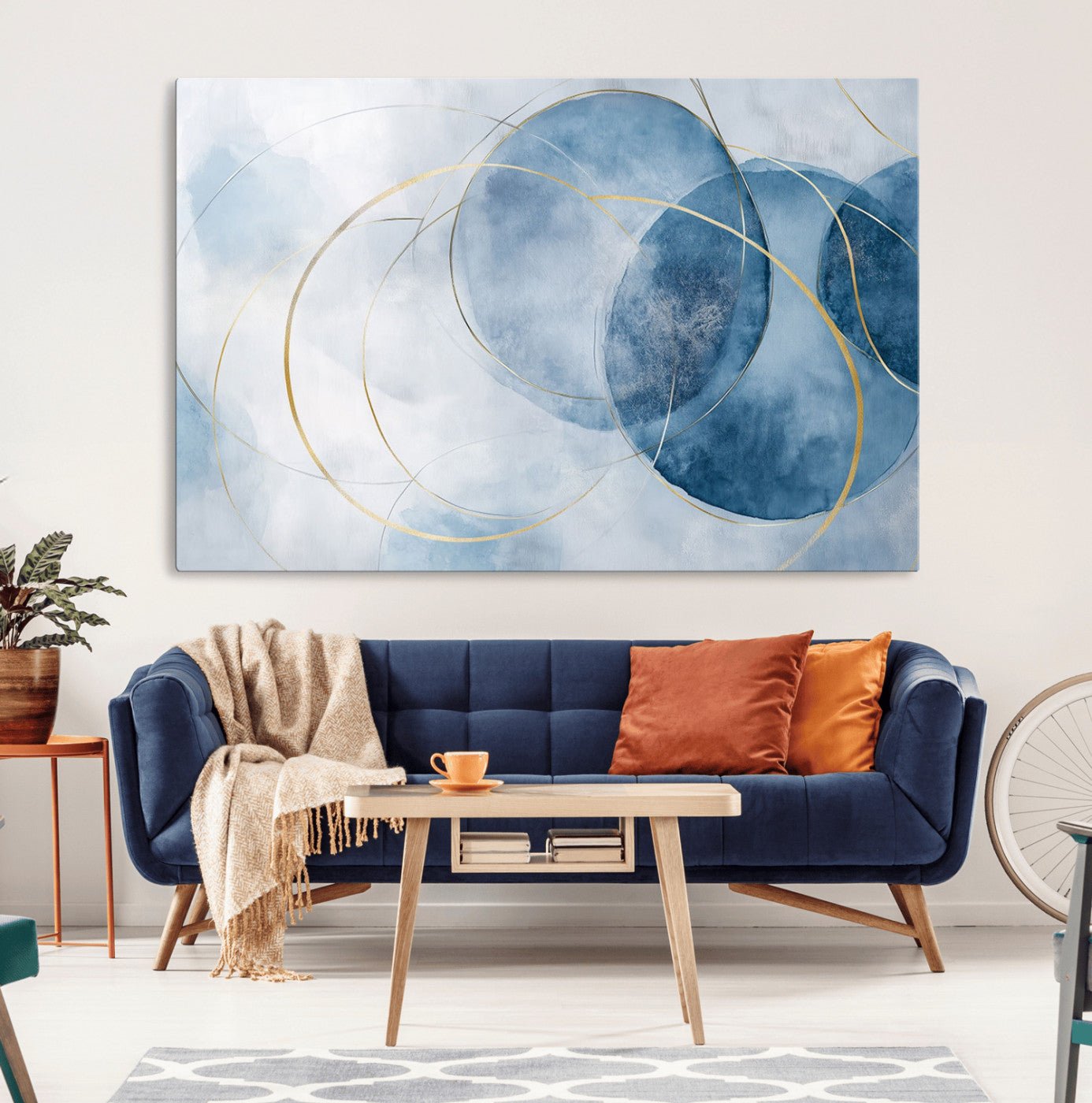 47060443-MGV-CV-36X24-Blue Abstract Circle Wall Art – Modern Gold and Navy Canvas Print, Minimalist Geometric Painting for Living Room, Bedroom, Office
