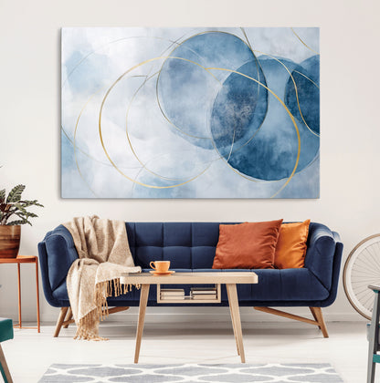 47060443-MGV-CV-36X24-Blue Abstract Circle Wall Art – Modern Gold and Navy Canvas Print, Minimalist Geometric Painting for Living Room, Bedroom, Office