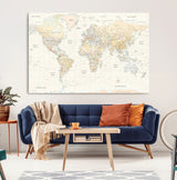40660043-MGV-CV-36X24-World Map Wall Art – Large Detailed Atlas Style Map Print with Countries, Cities, and Oceans, Neutral Beige and Tan Educational