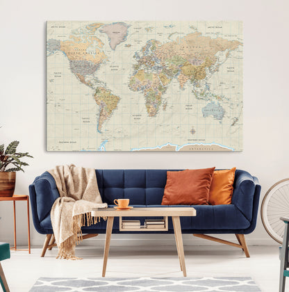 41929777-MGV-CV-36X24-World Map Wall Art – Large Detailed Political Atlas Style Map Print with Countries, Cities, and Oceans, Warm Earth Tone
