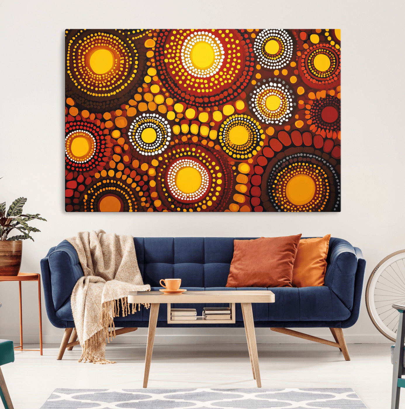 81120549-MGV-CV-36X24-Abstract Dot Painting Wall Art – Vibrant Tribal Boho Style Canvas Print with Sunburst Mandala Circles in Warm Red, Yellow, Orange