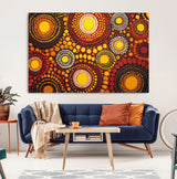 81120549-MGV-CV-36X24-Abstract Dot Painting Wall Art – Vibrant Tribal Boho Style Canvas Print with Sunburst Mandala Circles in Warm Red, Yellow, Orange