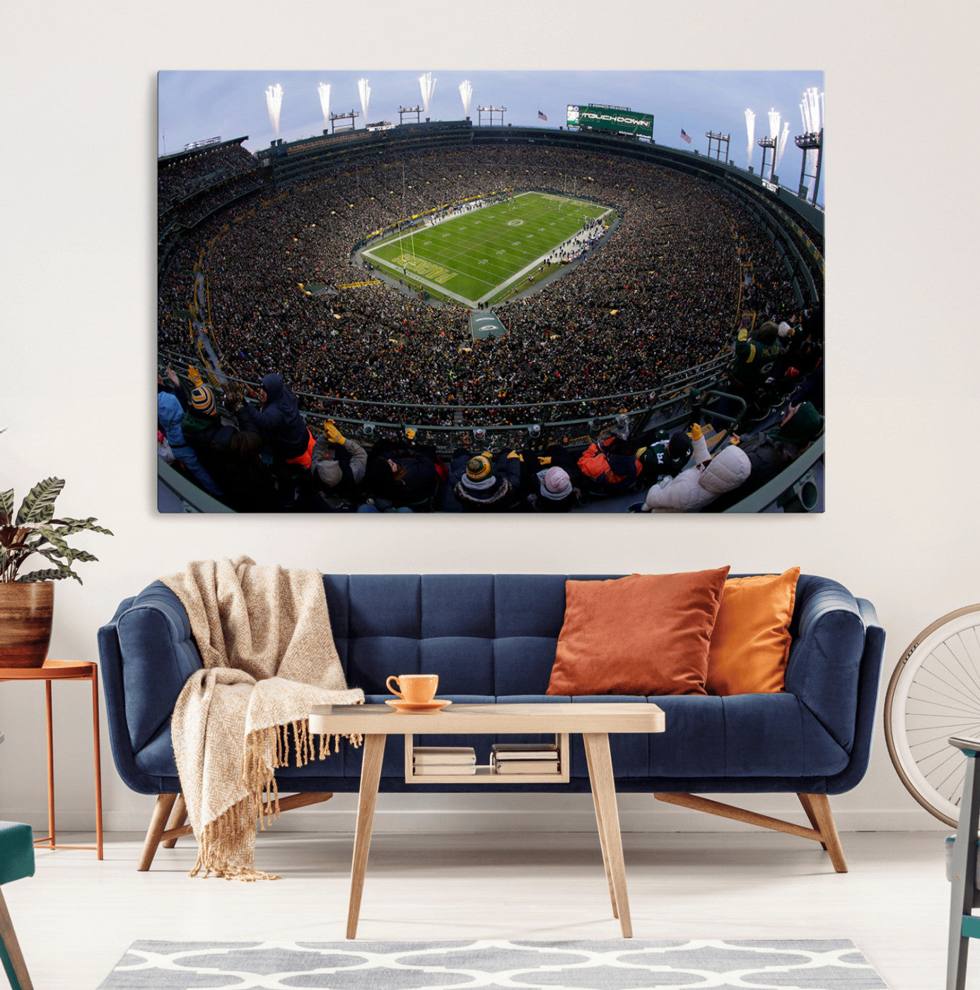 14387817-MGV-CV-36X24-Lambeau Field Stadium Wall Art – Green Bay Packers Game Day Canvas Print with Fireworks and Crowd – NFL Football Fan Man Cave