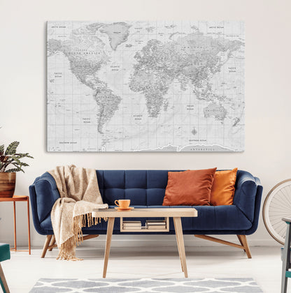 10516725-MGV-CV-36X24-Black and White World Map Wall Art – Minimalist Grayscale Canvas Print – Modern Detailed Travel Map Poster for Home, Office, or