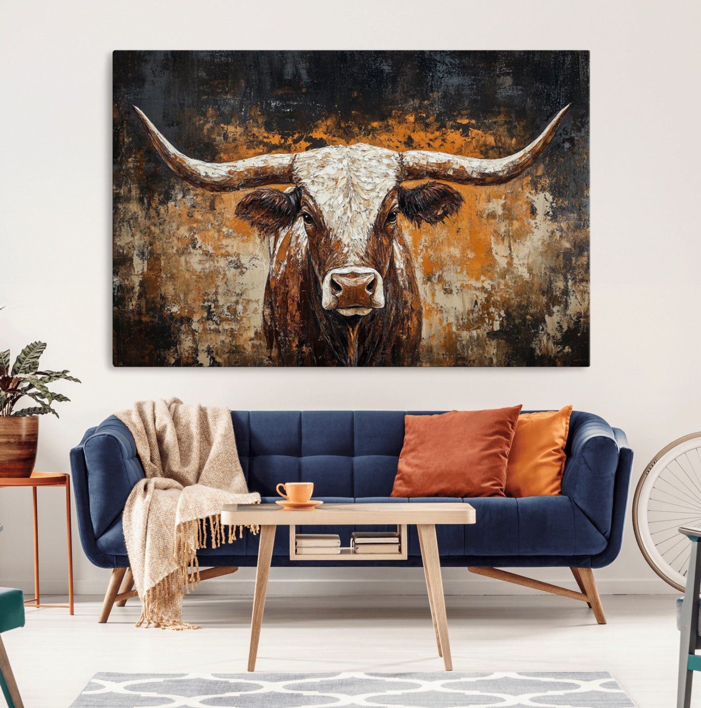 25265572-MGV-CV-36X24-Longhorn Bull Wall Art – Rustic Western Texas Steer Canvas Print, Textured Animal Painting for Home, Office, Man Cave or Farmhouse