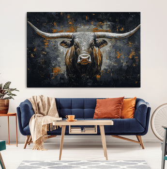 93195031-MGV-CV-36X24-Dark Longhorn Bull Wall Art – Western Steer Canvas Print, Moody Rustic Animal Painting for Man Cave, Ranch House, Office or Modern