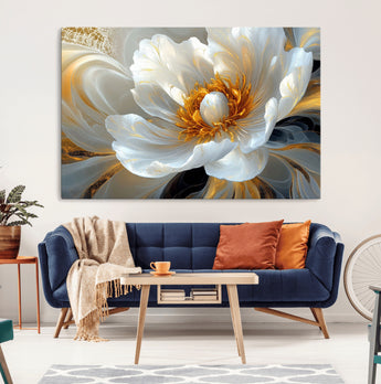 39604126-MGV-CV-36X24-Abstract Flower Wall Art – Elegant White and Gold Bloom Canvas Print, Modern Floral Artwork for Bedroom, Living Room, or Office