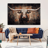 24779067-MGV-CV-36X24-Longhorn Bull Wall Art – Western Rustic Canvas Print, Bold Cowboy Cattle Painting for Ranch House, Farmhouse, Office, or Living