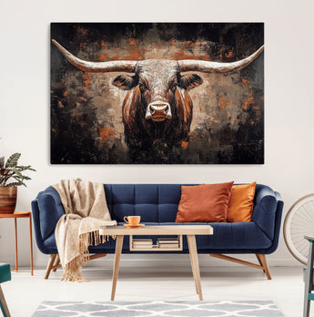 24779067-MGV-CV-36X24-Longhorn Bull Wall Art – Western Rustic Canvas Print, Bold Cowboy Cattle Painting for Ranch House, Farmhouse, Office, or Living