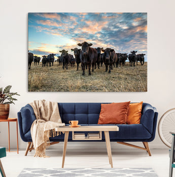 13867292-MGV-CV-36X24-Black Cattle Wall Art – Rustic Ranch Herd Canvas Print, Western Farmhouse Country Landscape Decor for Living Room, Office, or