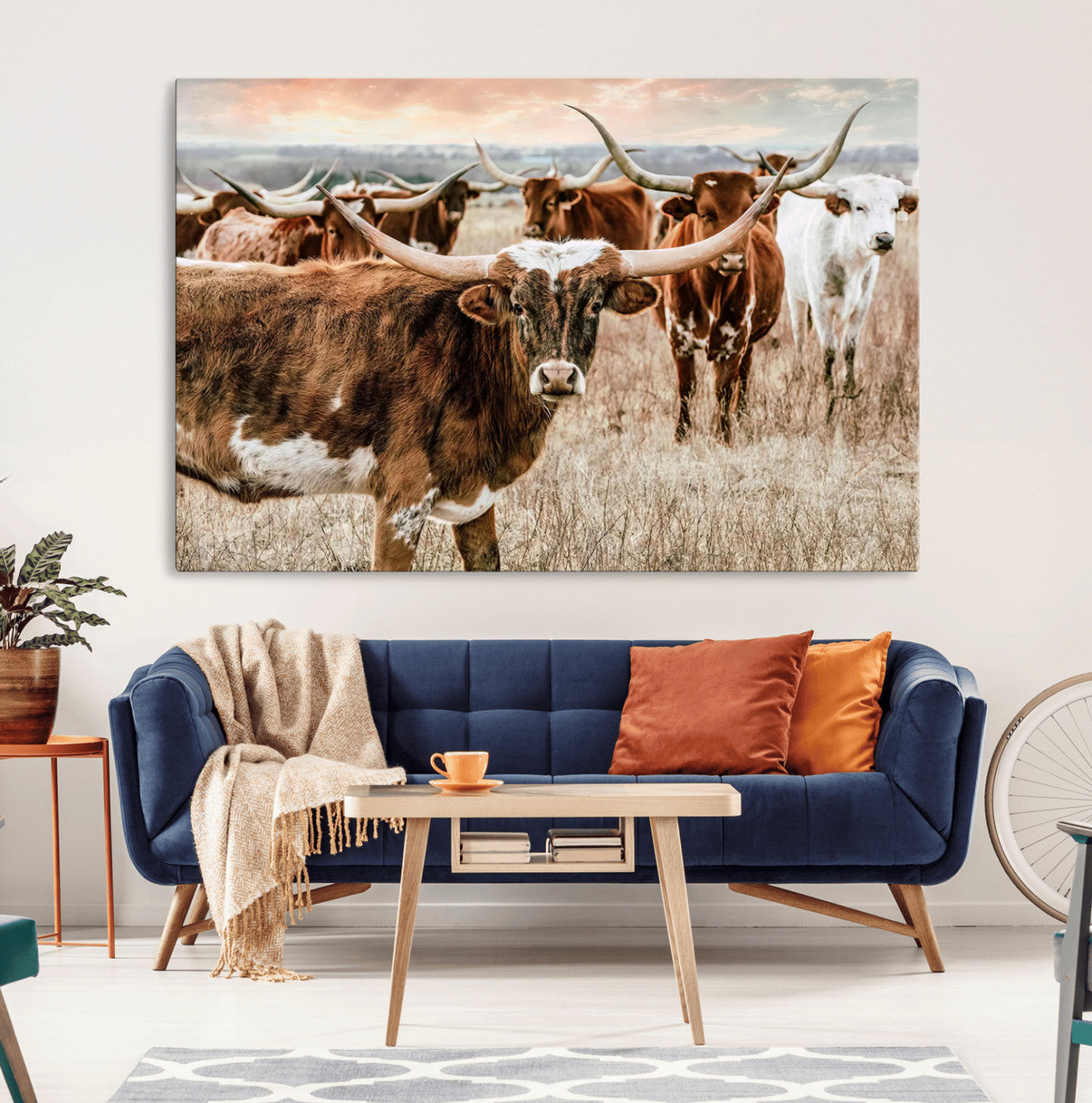 47758300-MGV-CV-36X24-Texas Longhorn Cattle Wall Art – Rustic Western Herd Canvas Print, Cowboy Ranch Farmhouse Decor for Living Room, Office, or