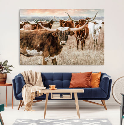 47758300-MGV-CV-36X24-Texas Longhorn Cattle Wall Art – Rustic Western Herd Canvas Print, Cowboy Ranch Farmhouse Decor for Living Room, Office, or