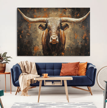 19204445-MGV-CV-36X24-Texas Longhorn Bull Wall Art – Rustic Western Canvas Print, Bold Cowboy Cattle Painting for Ranch House, Farmhouse, Office, or