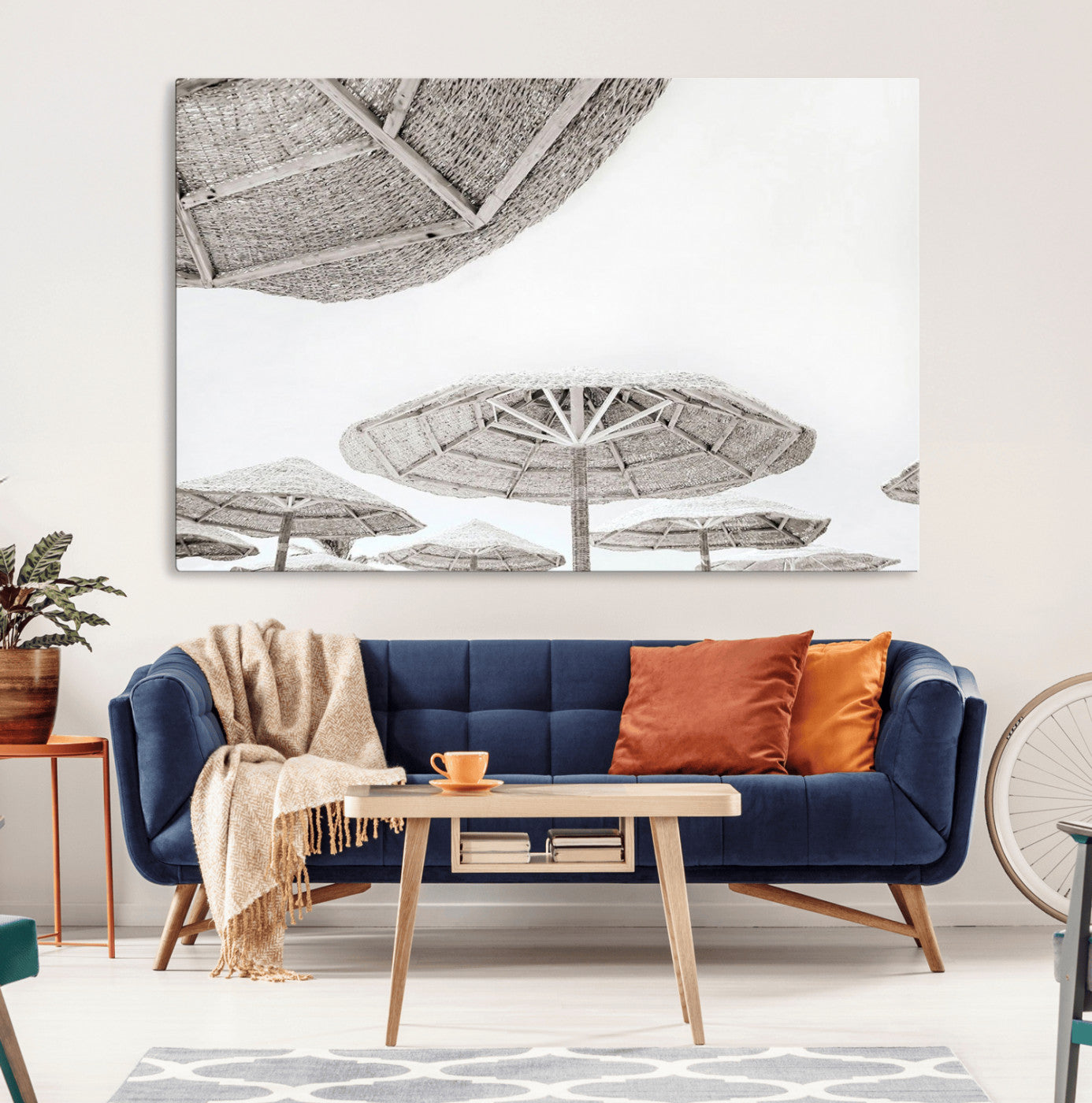 97043123-MGV-CV-36X24-Beach Umbrella Wall Art – Minimalist Coastal Canvas Print, Woven Parasol Summer Decor for Bedroom, Living Room, or Modern Beach