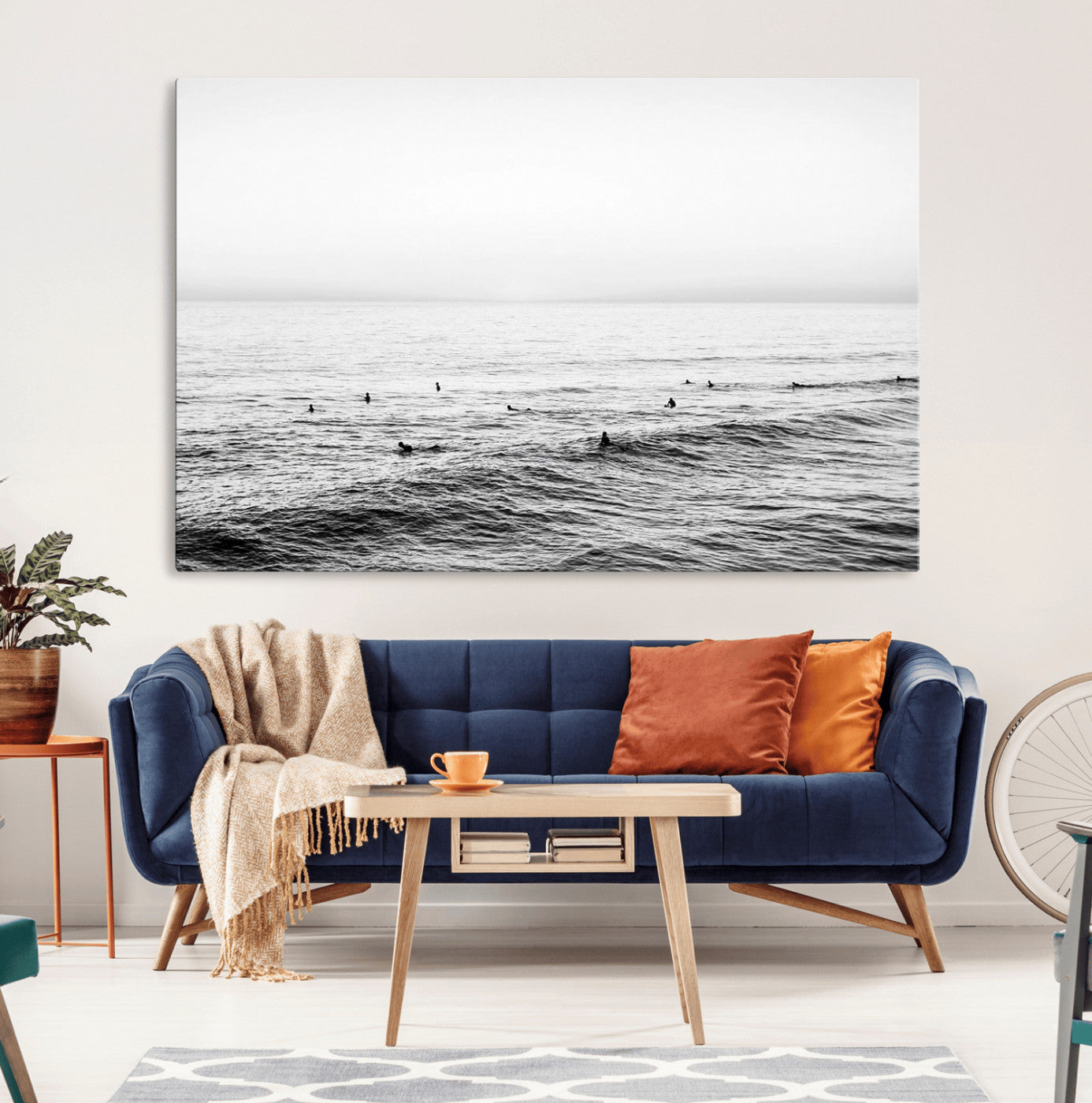 47208268-MGV-CV-36X24-Surfer Ocean Wall Art – Black and White Coastal Canvas Print, Minimalist Surfing Seascape Decor for Living Room, Bedroom, or Beach