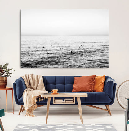 47208268-MGV-CV-36X24-Surfer Ocean Wall Art – Black and White Coastal Canvas Print, Minimalist Surfing Seascape Decor for Living Room, Bedroom, or Beach