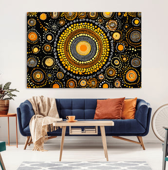 45478523-MGV-CV-36X24-Abstract Circle Wall Art – Bold Black and Gold Dot Painting Canvas Print, Modern Geometric Mandala Style Decor for Living Room or