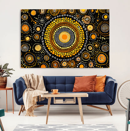 45478523-MGV-CV-36X24-Abstract Circle Wall Art – Bold Black and Gold Dot Painting Canvas Print, Modern Geometric Mandala Style Decor for Living Room or