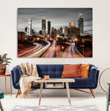 59097239-MGV-CV-36X24-City Skyline Wall Art – Modern Black and White Night Canvas Print with Red Light Trails, Urban Landscape Decor for Living Room or