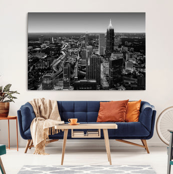 46578567-MGV-CV-36X24-Atlanta Skyline Wall Art – Black and White Cityscape Canvas Print, Modern Urban Night Decor for Office, Living Room, or Apartment