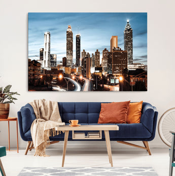 23859158-MGV-CV-36X24-Atlanta Skyline Wall Art – Modern Cityscape Canvas Print with Night Lights and Traffic Trails, Urban Decor for Office, Apartment,