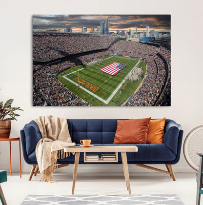 98106777-MGV-CV-36X24-Soldier Field Wall Art – Chicago Bears Stadium Canvas Print with American Flag, Game Day Football Decor for Man Cave, Bar, or