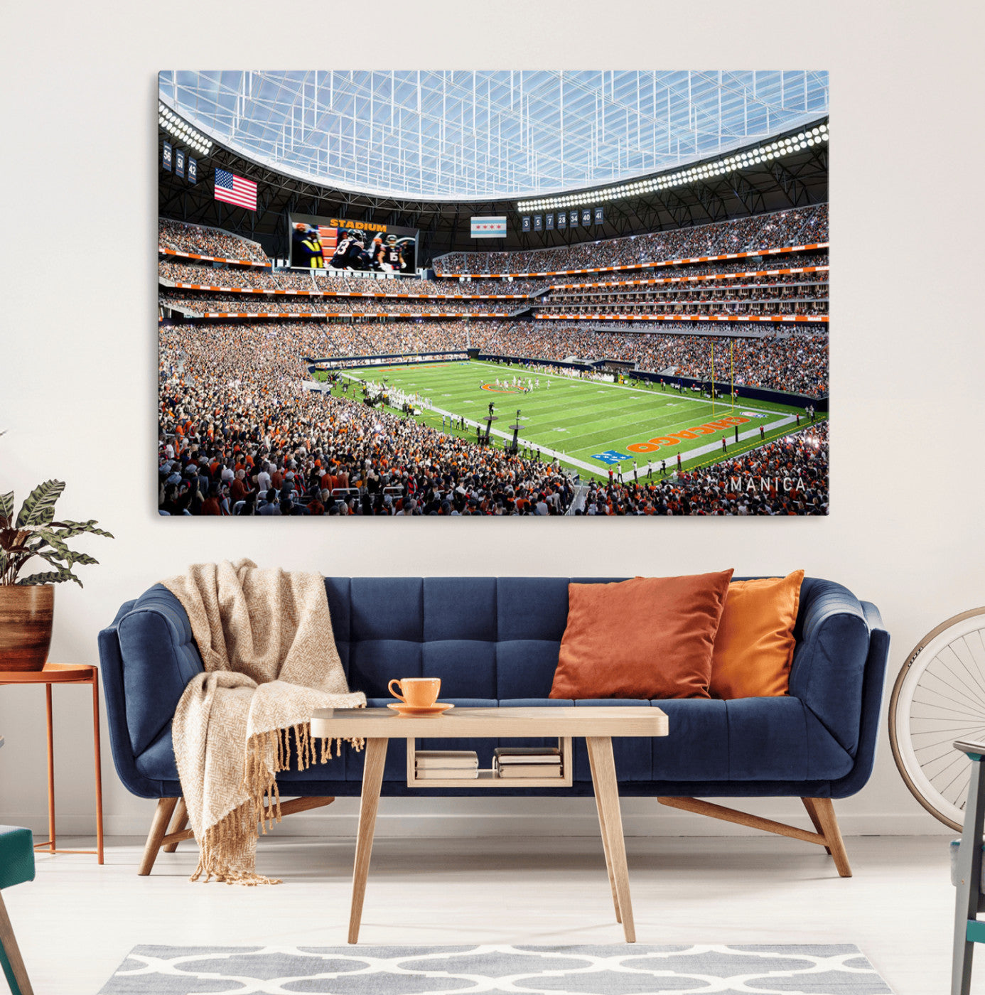 32530647-MGV-CV-36X24-Chicago Bears Stadium Wall Art – Futuristic Dome Arena Canvas Print, Modern Football Concept Design Decor for Man Cave, Bar, or