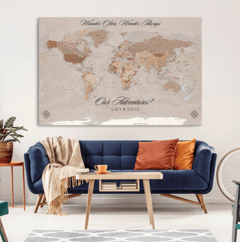 95243244-MGV-CV-36X24-Wander Often Wonder Always World Map Wall Art – Neutral Beige Adventure Canvas Print, Rustic Boho Travel Decor for Bedroom, Living