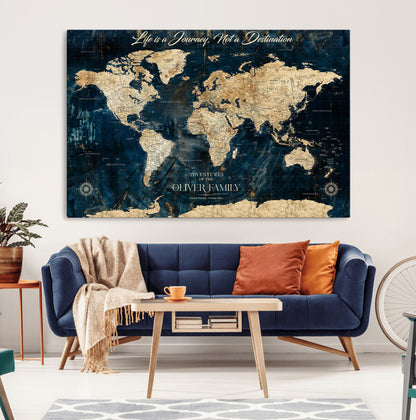 36970886-MGV-CV-36X24-Life is a Journey Not a Destination World Map Rustic Navy Beige Vintage Travel Wall Art Adventure Quote Canvas Print for Home