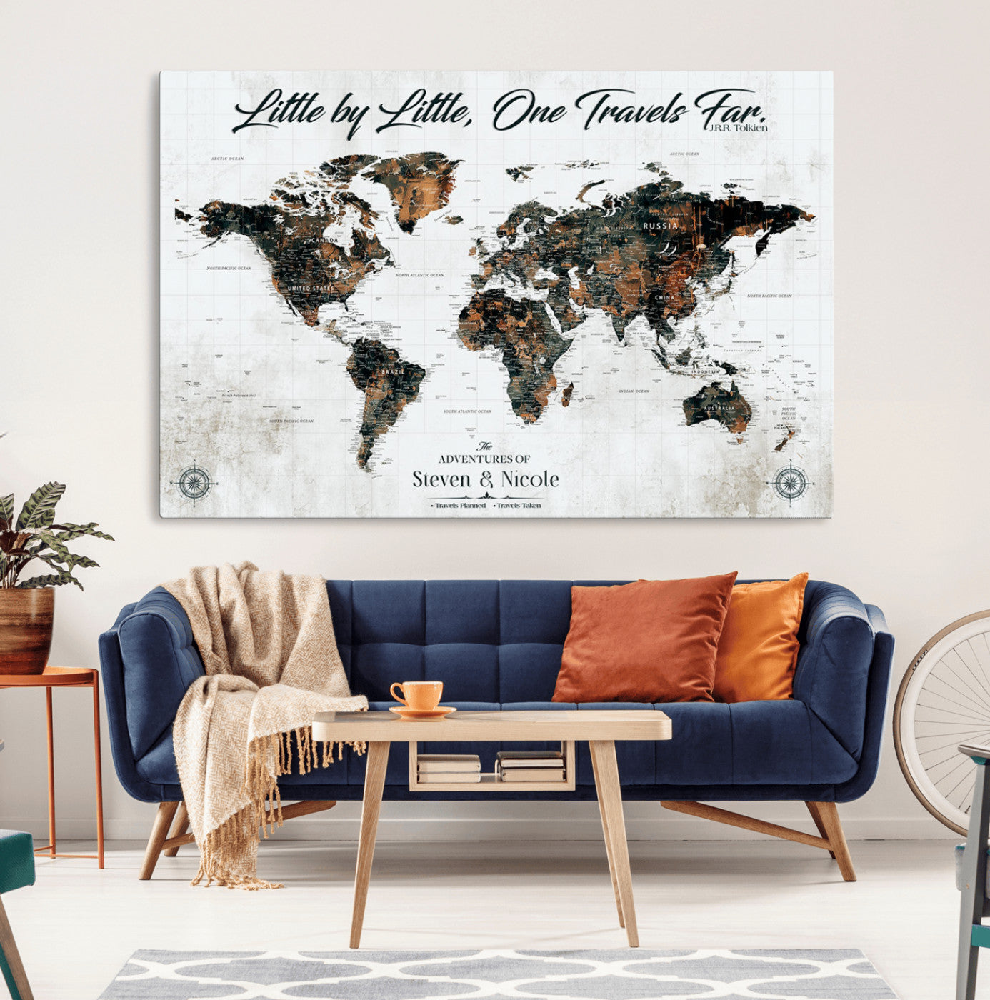 88337180-MGV-CV-36X24-Little by Little One Travels Far Tolkien Quote World Map Rustic Black Brown Adventure Wall Art Canvas Print for Home Office Living